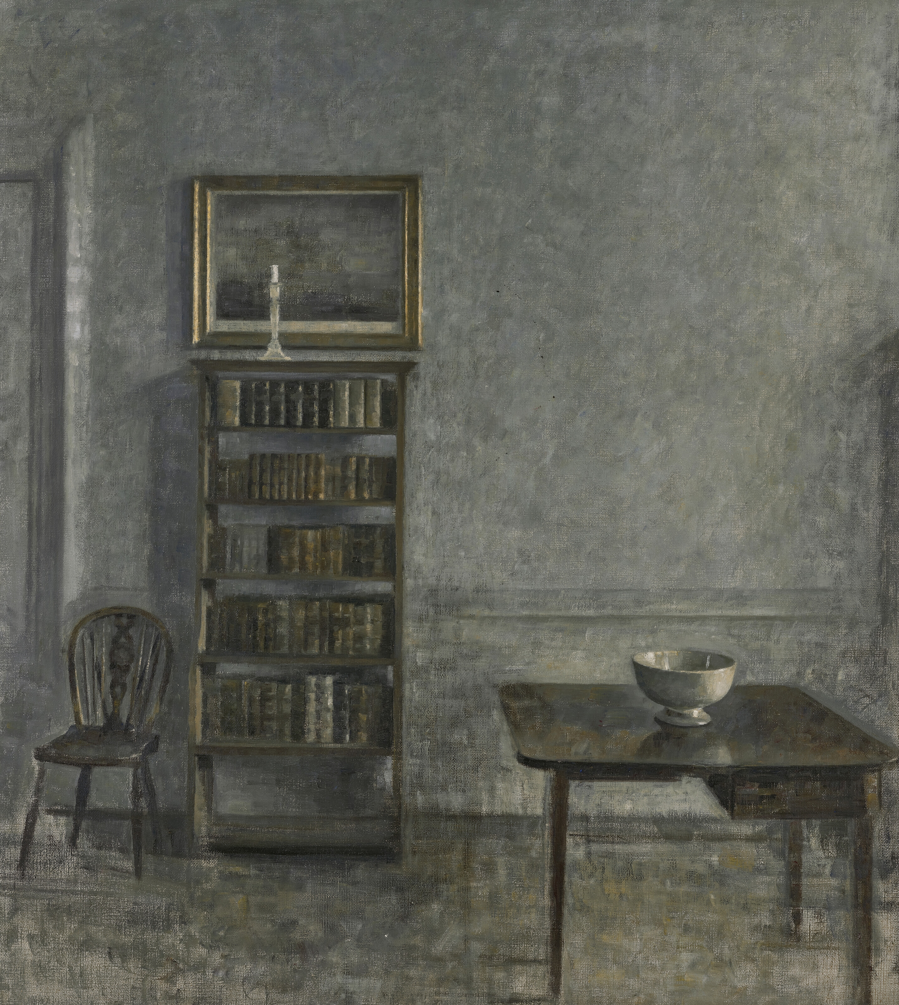 Artwork by Vilhelm Hammershøi, Interior with a table, bookcase and Windsor Chair, 25 Strandgade, Made of oil on canvas
