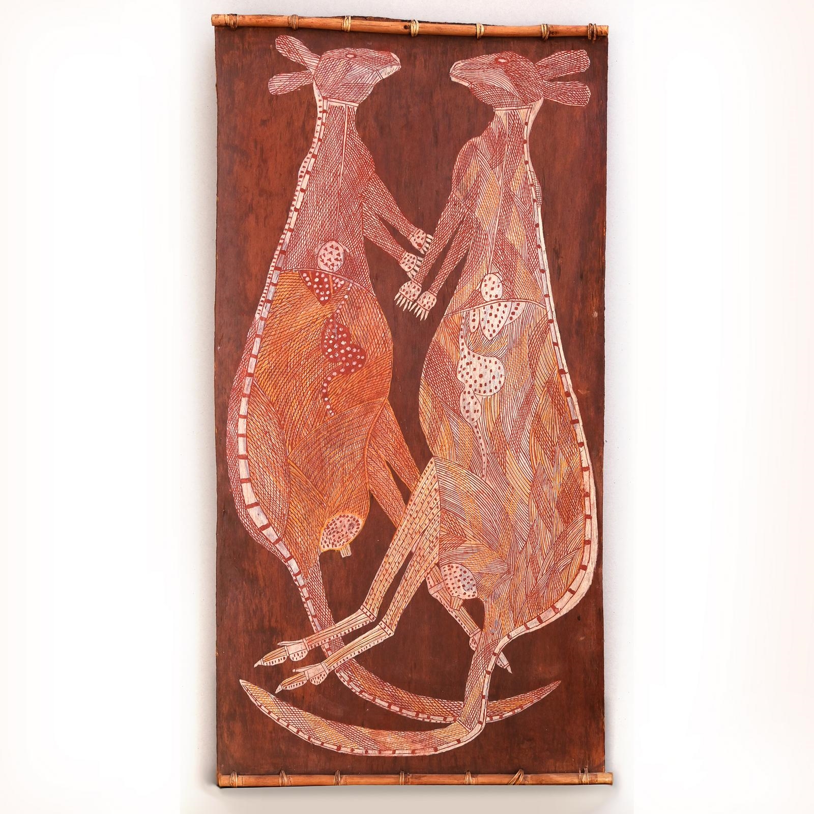 Artwork by Sam Manguddja Garnarradj, THE RED KANGAROO, Made of natural earth pigments on stringy bark