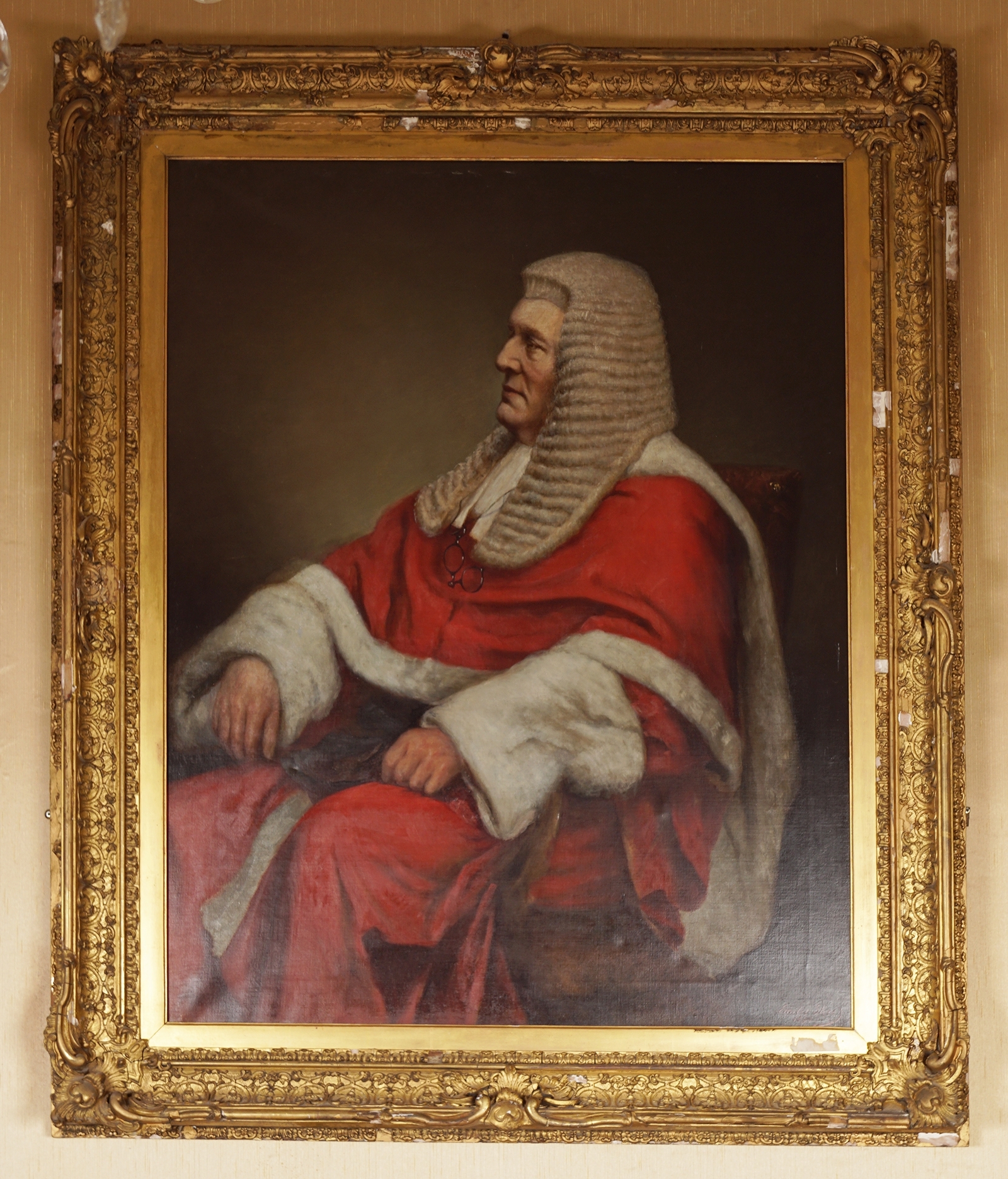 Artwork by Emilie Sheen, Three-quarter length portrait of a seated judge wearing a red robe, Made of oil on canvas