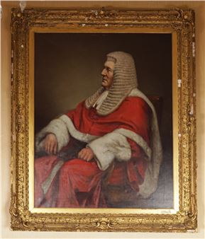 Three-quarter length portrait of a seated judge wearing a red robe - Emilie Sheen