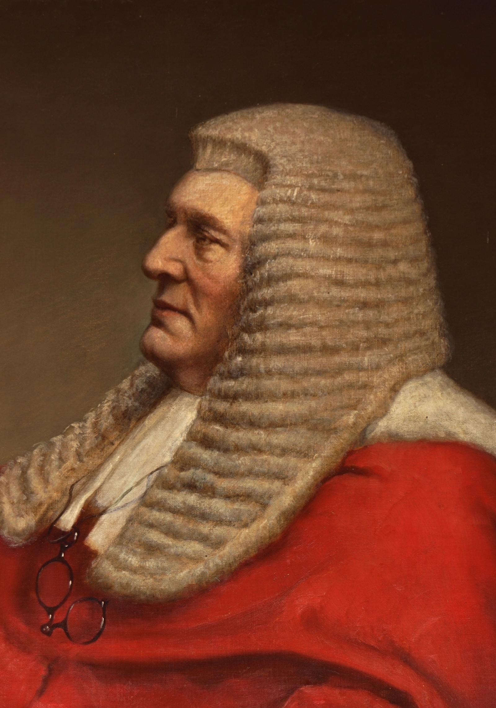 Artwork by Emilie Sheen, Three-quarter length portrait of a seated judge wearing a red robe, Made of oil on canvas