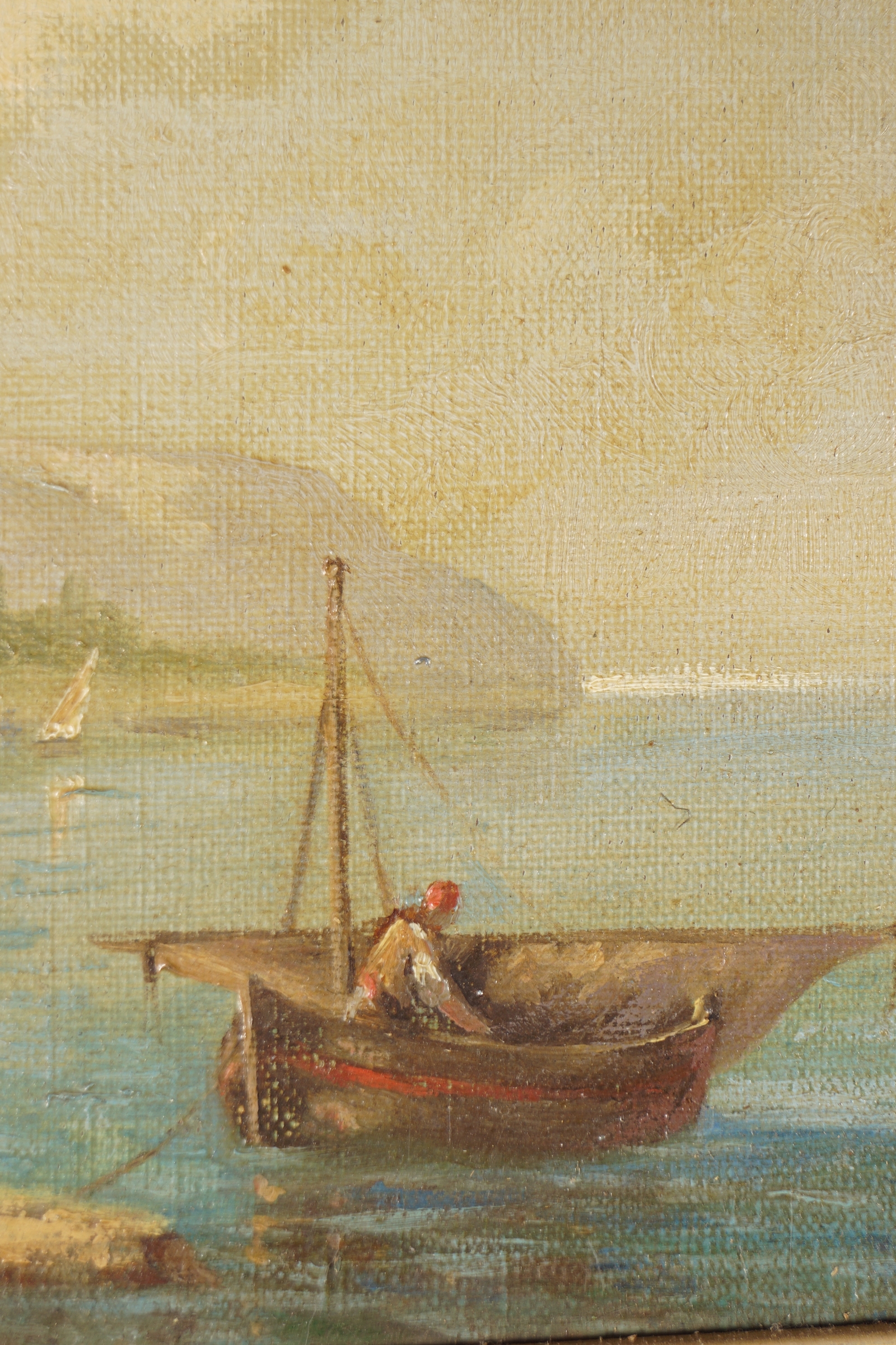Artwork by E. Parraud, Sailing boat and figures in a bay, Made of oil on canvas