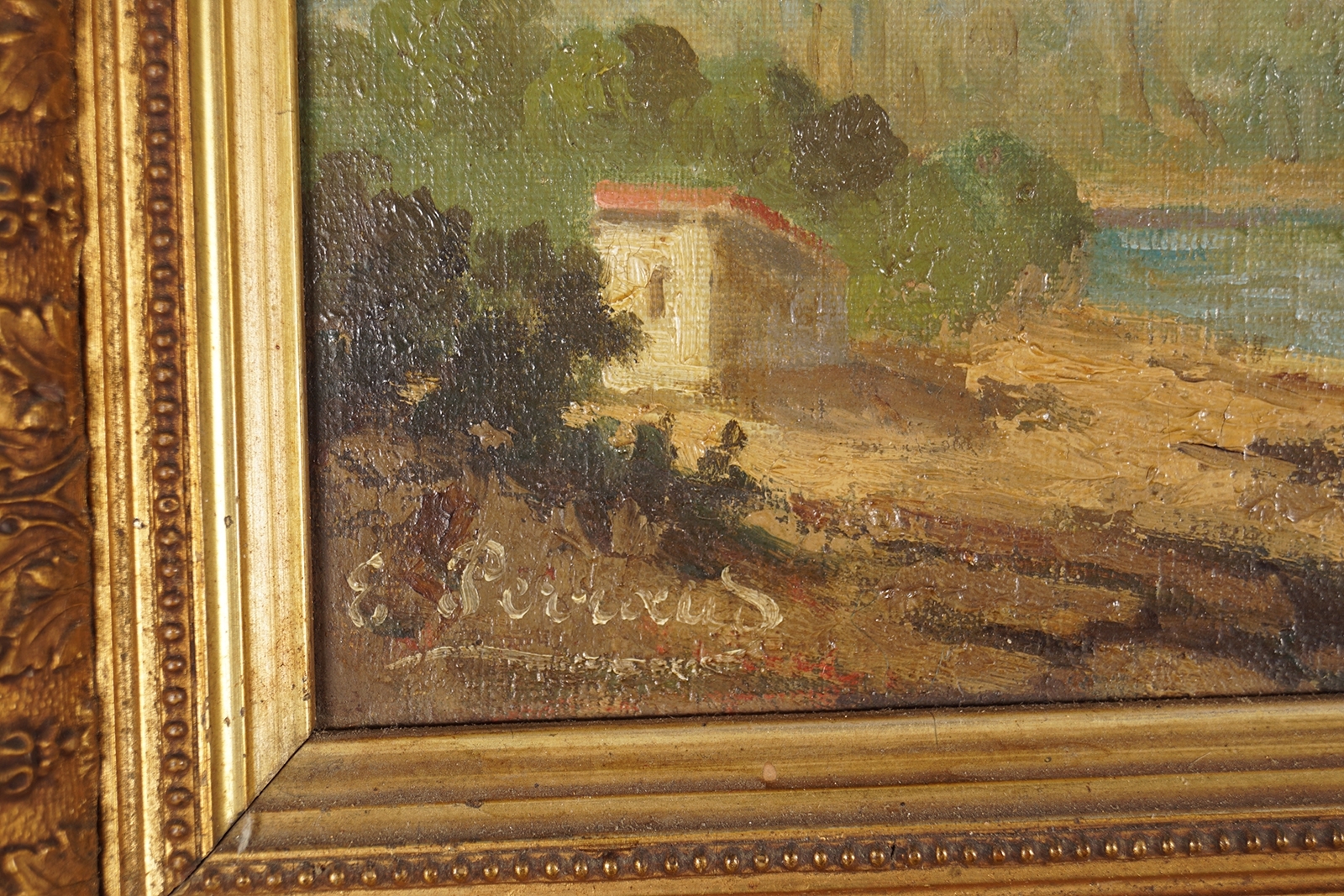 Artwork by E. Parraud, Sailing boat and figures in a bay, Made of oil on canvas