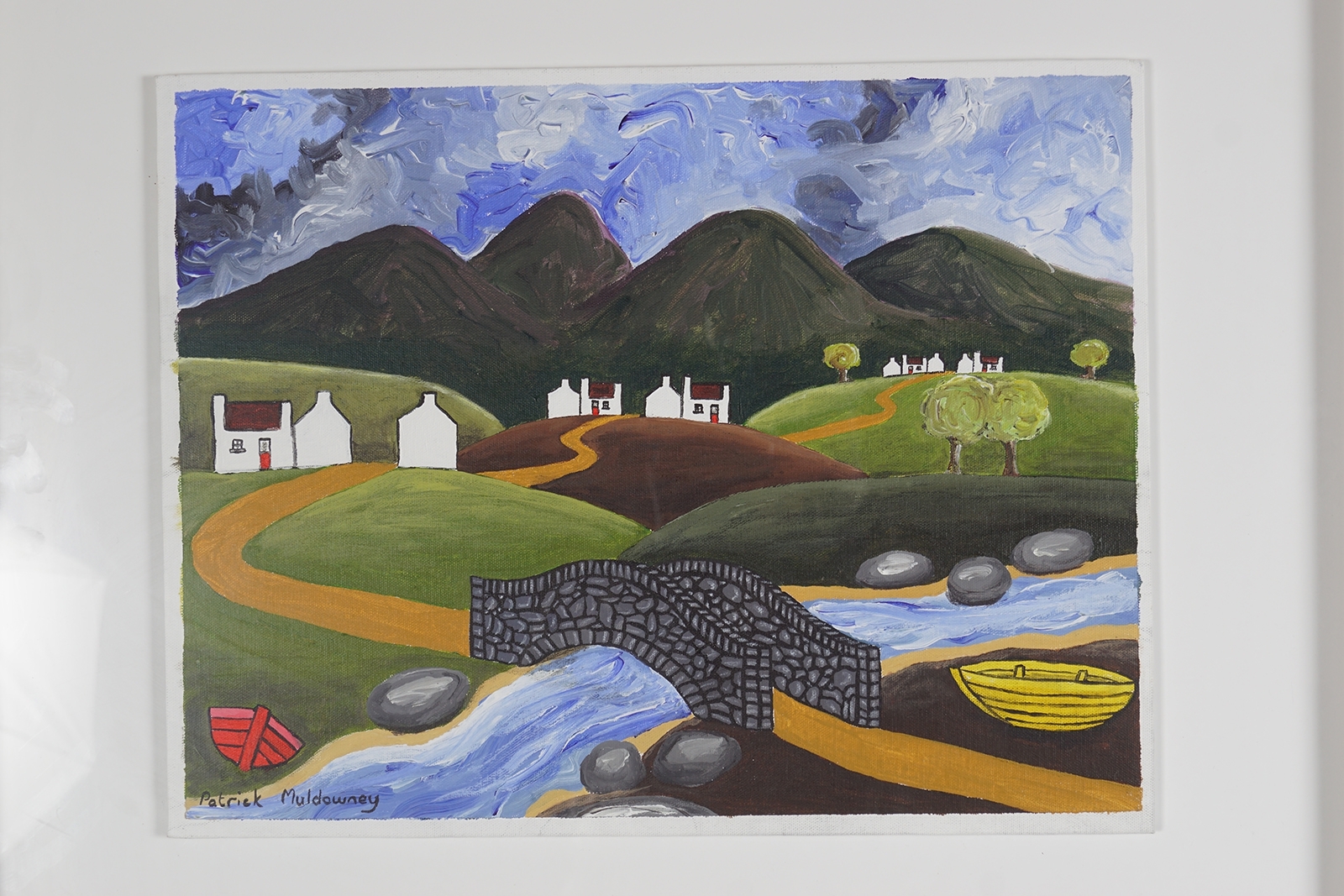 Artwork by Patrick Muldowney, Cottages in a landscape, Made of oil on board