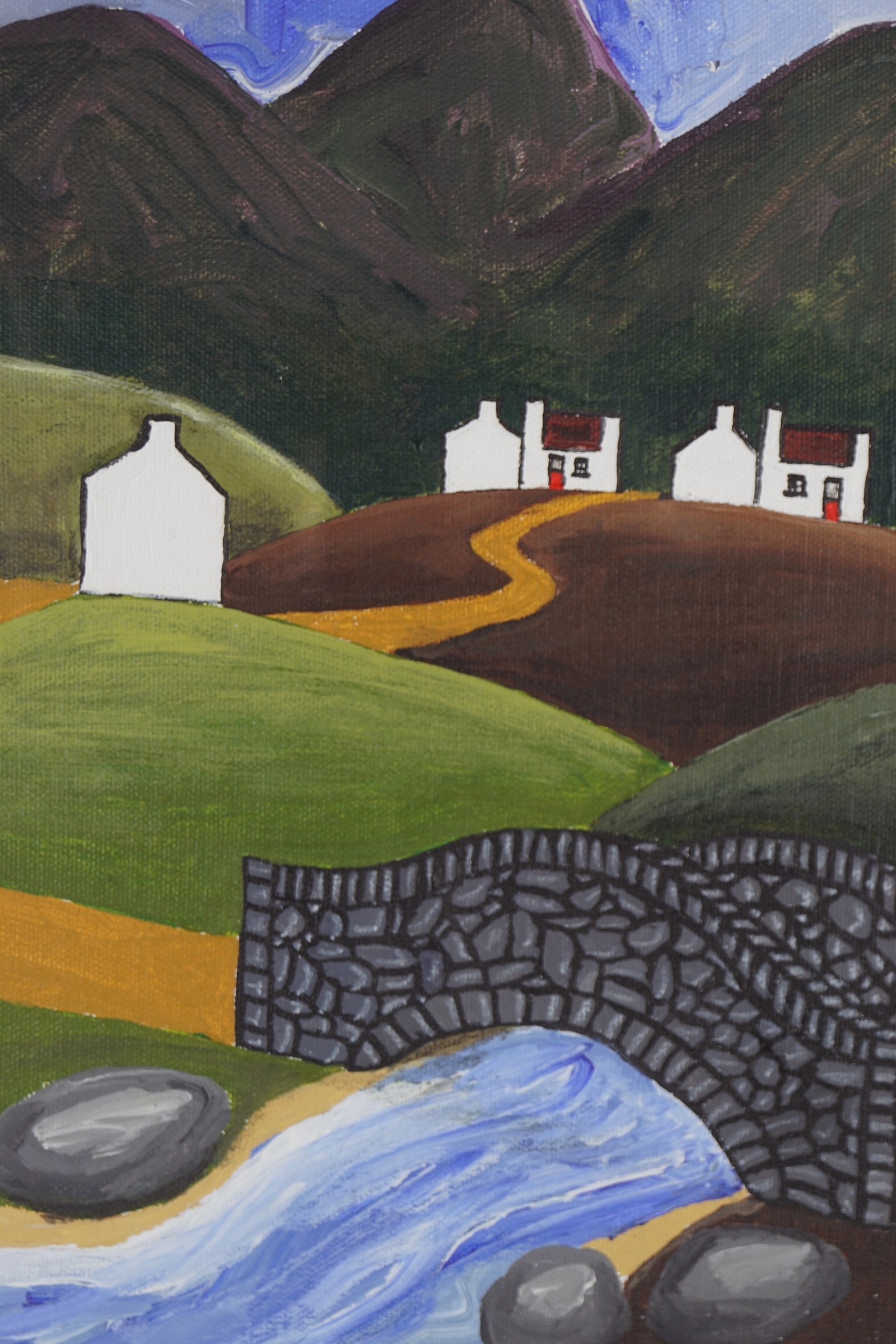 Artwork by Patrick Muldowney, Cottages in a landscape, Made of oil on board