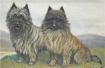 A textured painting of two shaggy dogs sitting side by side on a grassy hill.