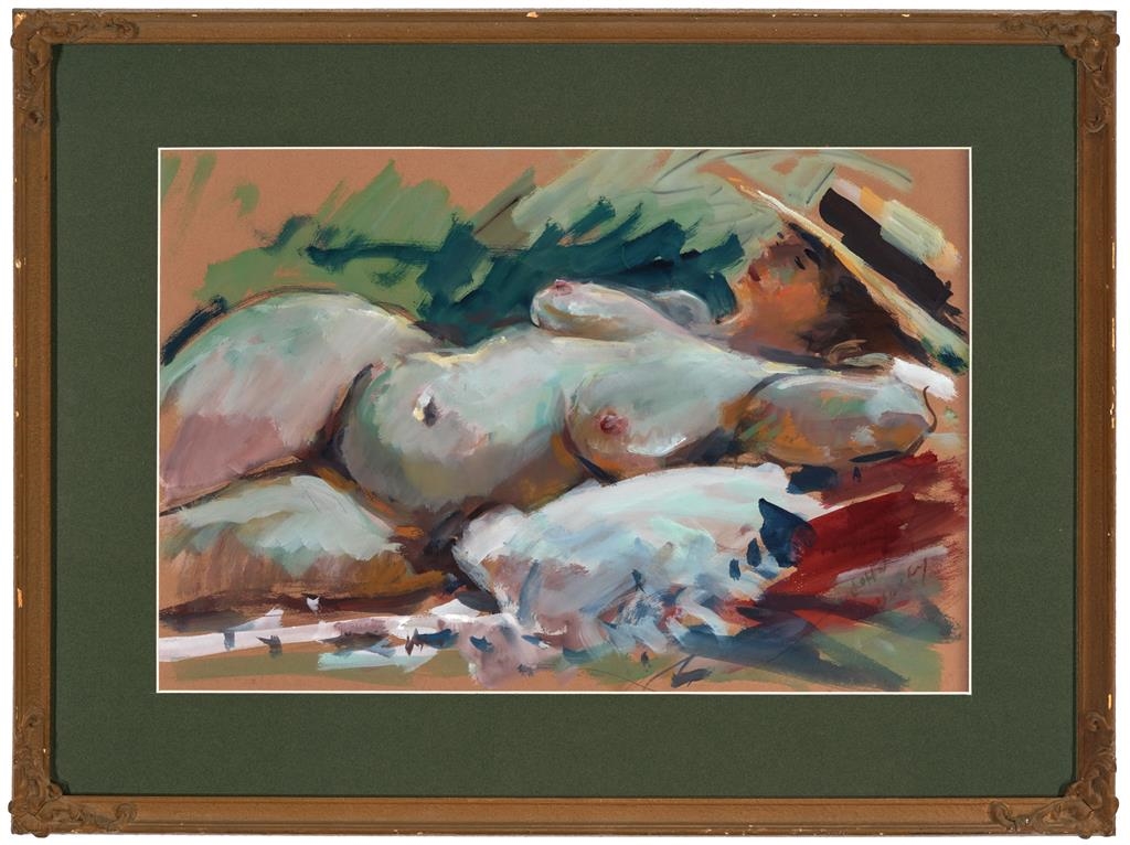 Artwork by John Dudley, Reclining Nude, Made of gouache