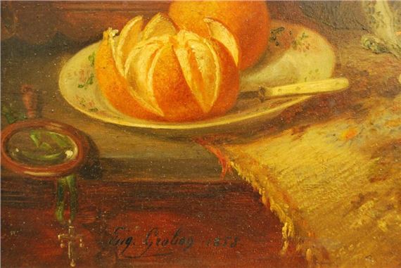 1-En pendants : Nature morte au coffret à bijoux. 2-Nature morte au coffret aux oranges, by Anthelme-Eugene Grobon, 1858