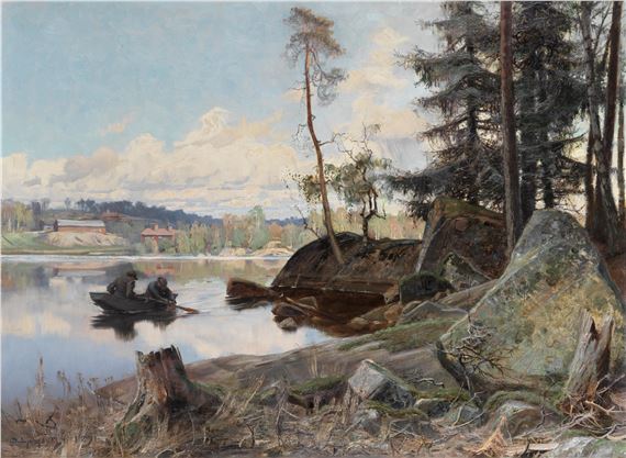 A Scandinavian lake scene with two men in a boat - David Ljungdahl