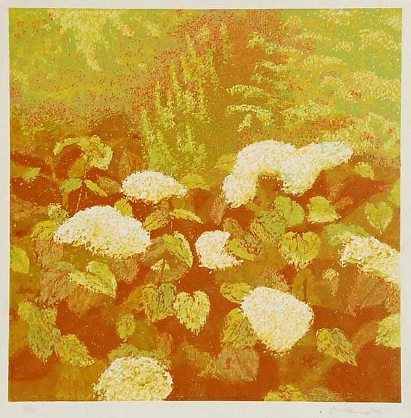 Artwork by Miloš Sláma, Květa v zahradě, Made of linocut