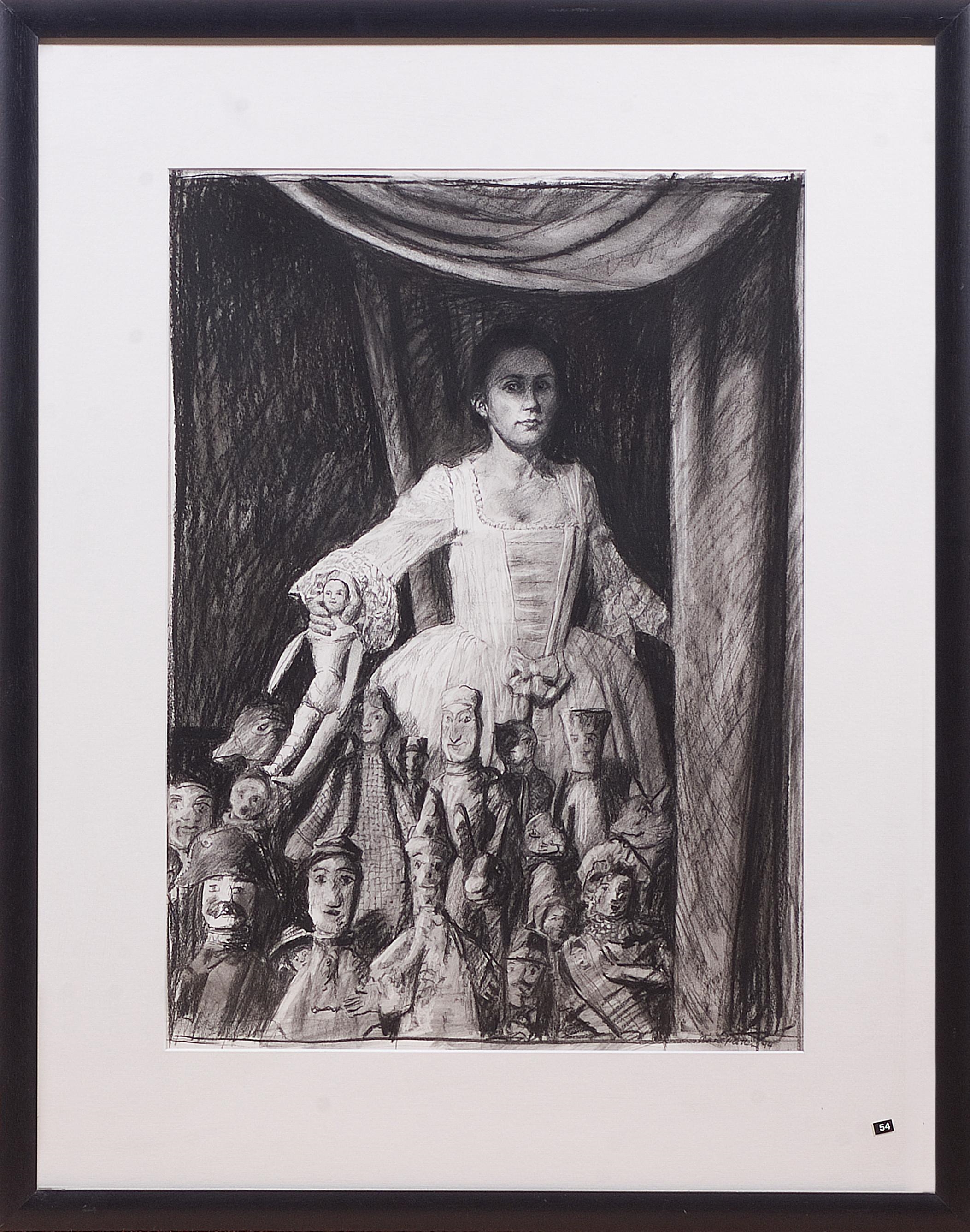 Artwork by Anna Platten, Untitled – Woman with puppets, Made of Charcoal on paper