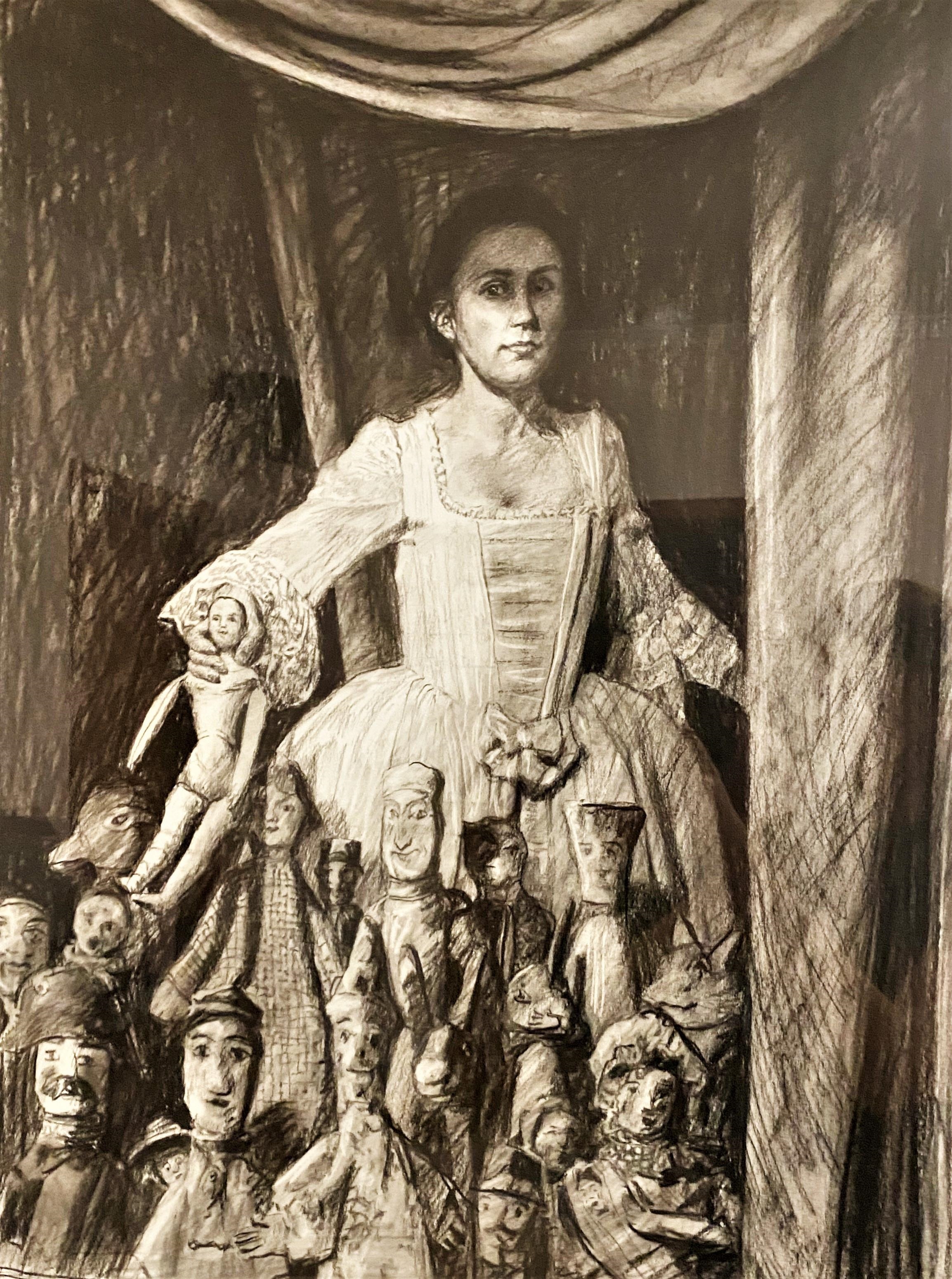Artwork by Anna Platten, Untitled – Woman with puppets, Made of Charcoal on paper