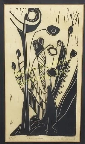 Artwork by Laura Delind, Peacock, Made of black and white woodblock print