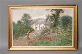 Hill Farm with Girl and Geese in the Foreground - J. M. Southern