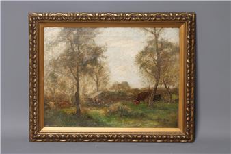 Cattle Grazing Near a Barn - Edwin Bottomley
