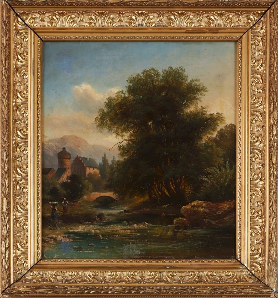 Artwork by Auguste Böhm, Wäscherinnen am Fluss in romantischer Gebirgslandschaft, Made of Oil on canvas