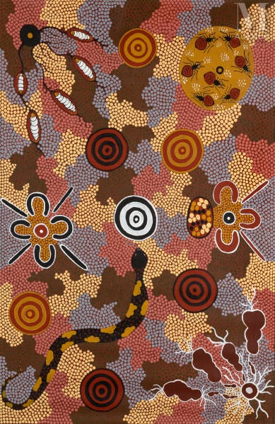 Artwork by Natalie Corby Nungarrayi, Bush Tucker and Snake Dreaming, Made of Acrylic on canvas