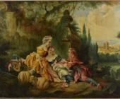 A classical painting of a group of figures in a pastoral landscape.