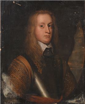 Portrait of the Hon. Edward Russell, 4th son of Francis, Earl of Bedford and husband of Penelope Hill, head and shoulders, wearing an armoured breast plate standing before a landscape, in a feigned oval - Remigius van Leemput