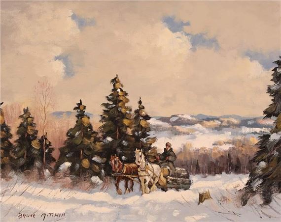 WINTER LOGGING SCENE WITH HORSE TEAM AND SLEIGH by Bruce Handiside Mitchell