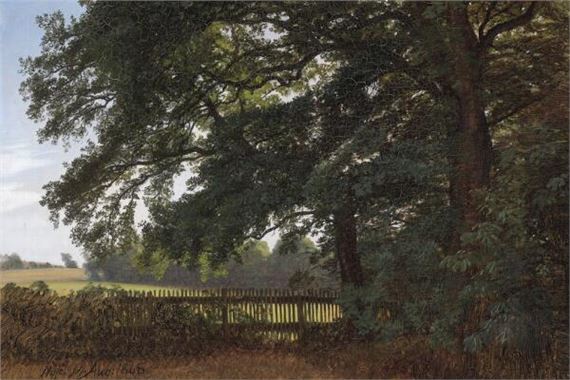 In the outskirts of a forest near Nysø with a view across an open field by Peter Christian Thamsen Skovgaard, 14. Aug. 1868