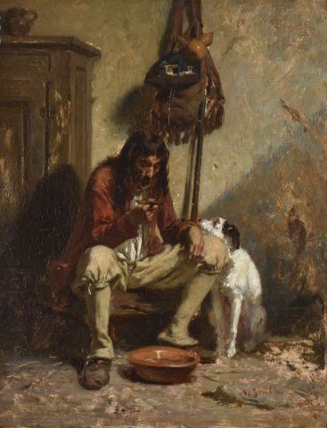 Breton peasant having lunch with his dog by Alexandre-Marie Guillemin, 1850
