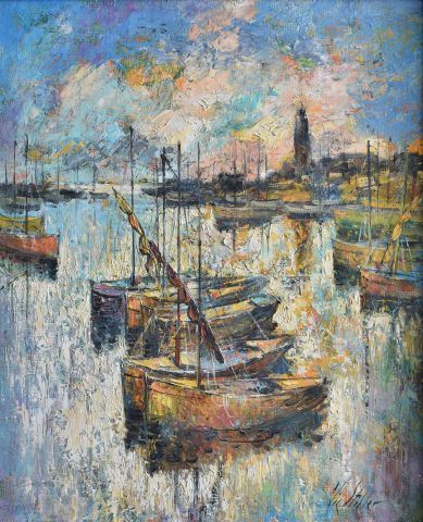 Sailboats at Anchor in the Small Port by Vic Stiller
