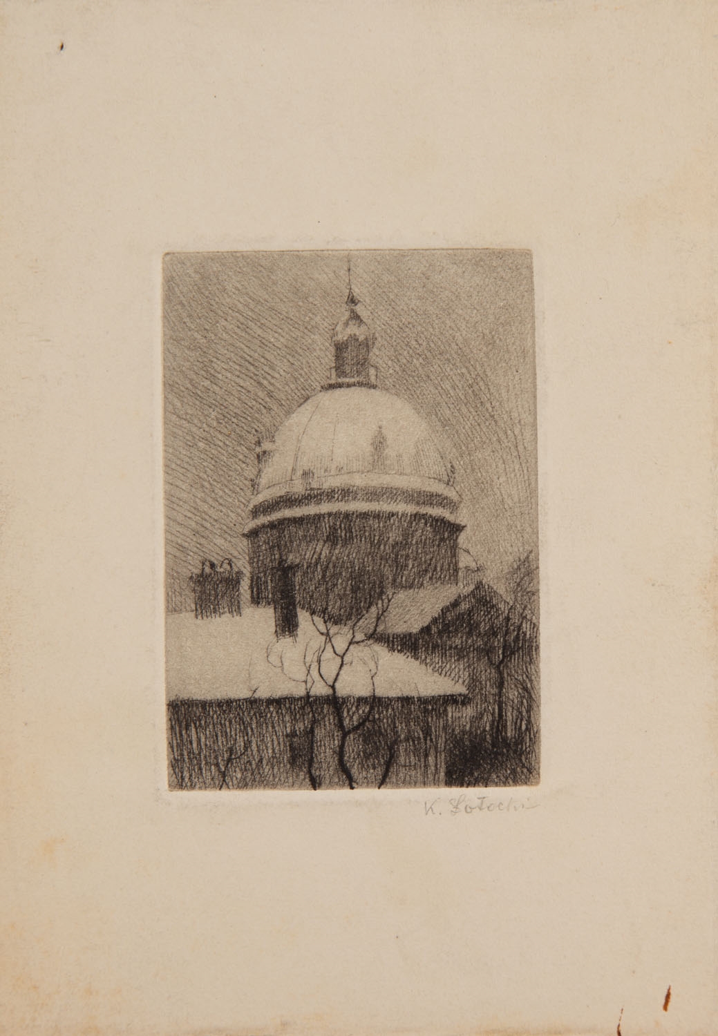 Artwork by Kazimierz Lotocki, Apse of a church etching/paper, Made of etching/paper