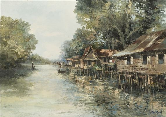 Thai river scene with stilt houses and figures by M.L. Poum Malakoul, circa 1970