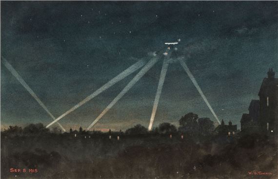 Searchlights during a Zeppelin raid over London by William Stephen Tomkin, 1915