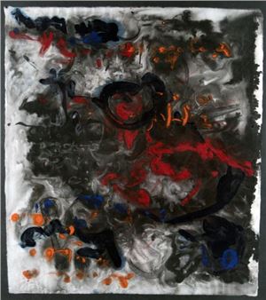 An abstract composition featuring a central swirling form amidst a chaotic field of dark and vibrant colors.