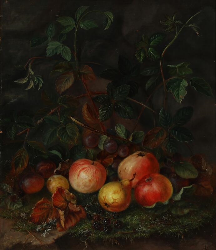 Artwork by Augusta Plagemann, Still life with fruit in a forest floor, Made of Oil on canvas laid on cardboard