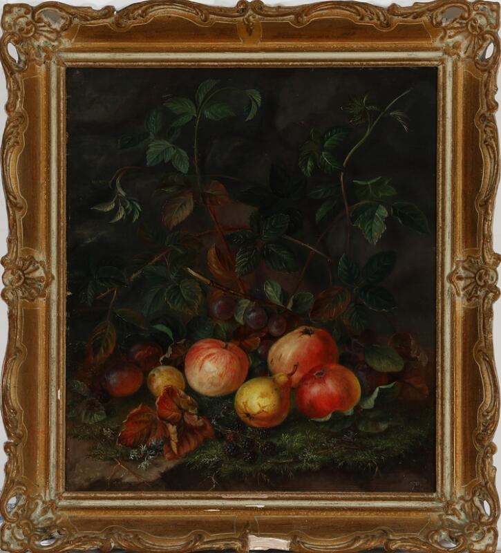 Artwork by Augusta Plagemann, Still life with fruit in a forest floor, Made of Oil on canvas laid on cardboard
