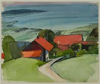 Blick über Bauernhäuser auf einen See - Günther Grassmann