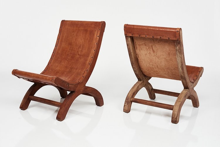 Artwork by Clara Porset, Pair of Butaque chairs, Made of Cyprus, leather, iron
