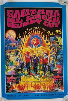 A psychedelic concert poster featuring a central figure surrounded by flames and silhouettes.