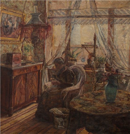 a lady knitting in an interior by Rosa Venneman