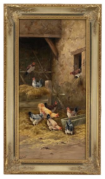 Chickens in a barn. by A. Prehn, 20th c