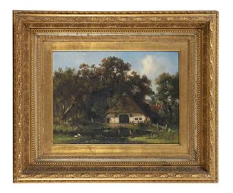 Homestead at a pond in a forest landscape. - Carl Georg Köster