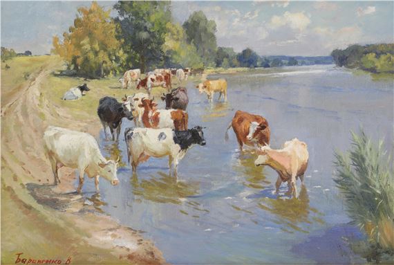 Cows watering by a river by Vitaly Baranenko