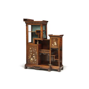 A Japanese style showcase, ivory, mother of pearl decoration and bronze ornements, artist's signature. - Gabriel Viardot