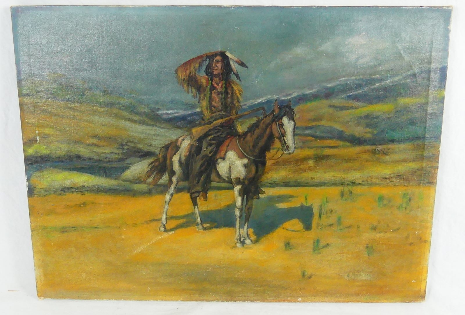 Artwork by William Meuttman, Native American Indian on horseback., Made of oil on canvas