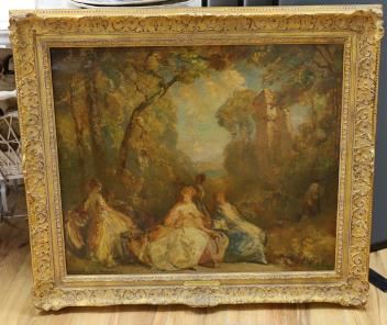 A classical painting of three figures in a wooded landscape within an ornate golden frame.