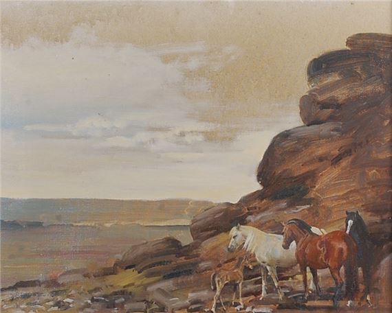 Dartmoor Ponies in the Lee of a Tor by Richard John Munro Dupont