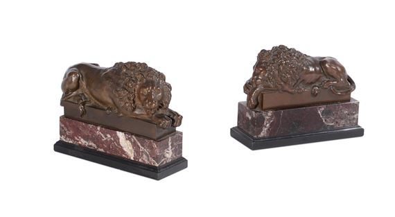 Antonio Canova | A PAIR OF BRONZE MODELS OF RECLINING LIONS | MutualArt