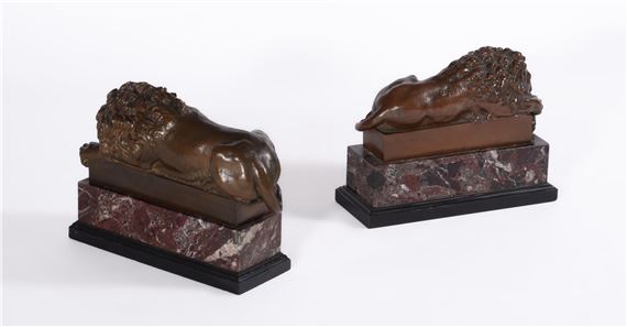 Antonio Canova | A PAIR OF BRONZE MODELS OF RECLINING LIONS | MutualArt