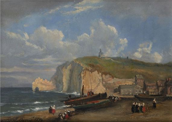 Animated beach at the foot of the cliff of Etretat. 1870. by Pierre Justin Ouvrié, 1870