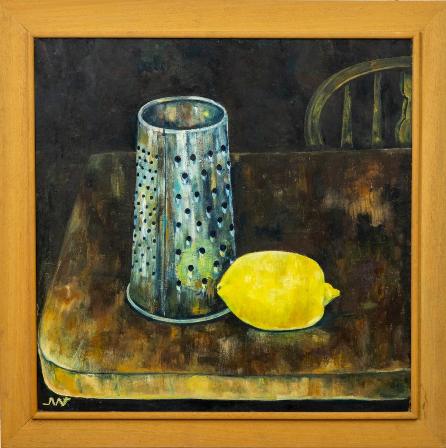 Artwork by Mary West, Lemon Awaits Grating, Made of oil on board