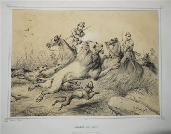 LION HUNT" & "LIONESS HUNT by Victor Adam, 19th century