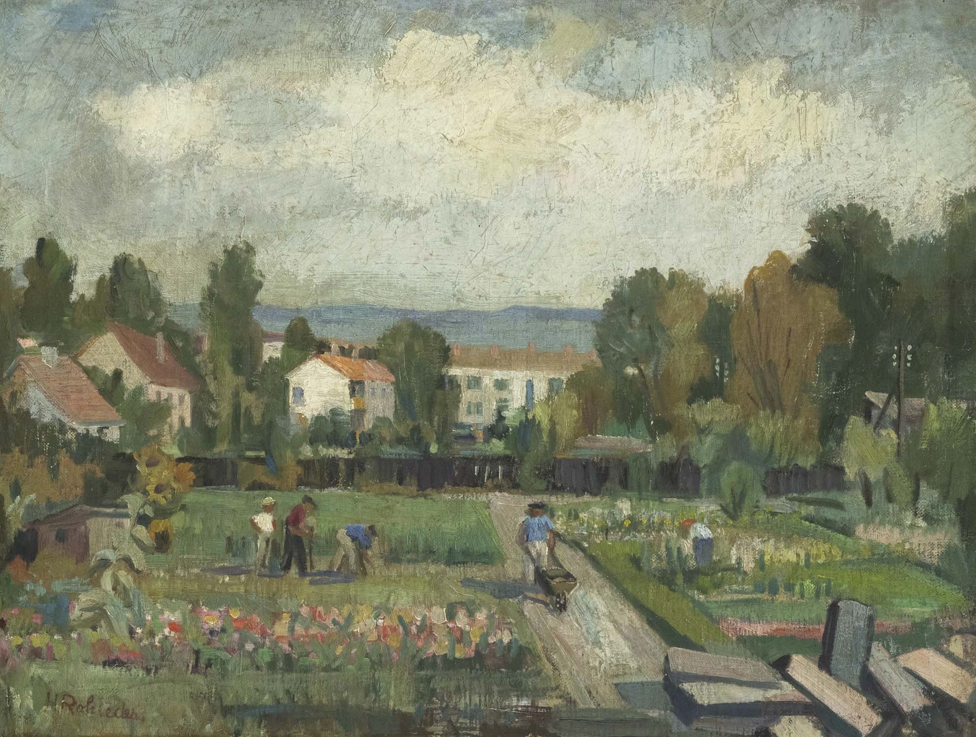 Artwork by Hugo Rohleder, Persons at gardening, Made of Oil on canvas